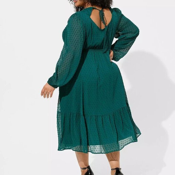 NWT Torrid Green Tea Length Clip Dot Open Back A-Line Dress in Size 2 - 18/20 - Picture 2 of 6
